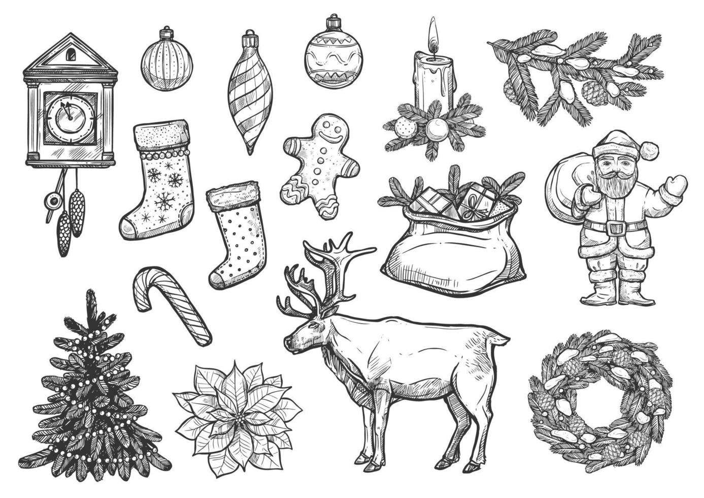 Christmas, New Year ornaments sketch vector