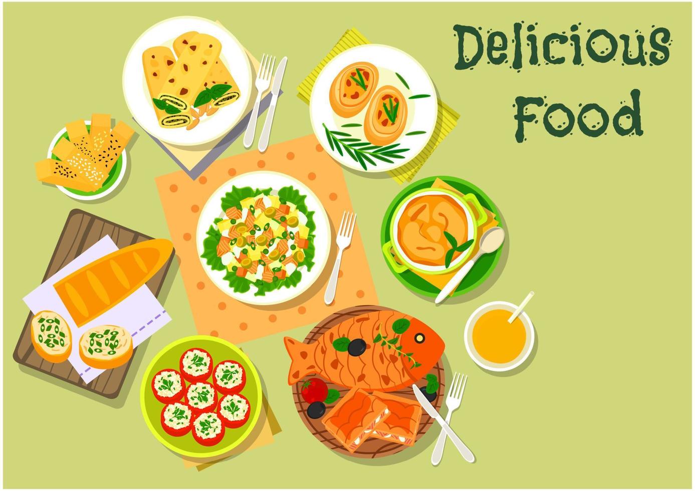 Fish and cheese dinner dishes icon design vector