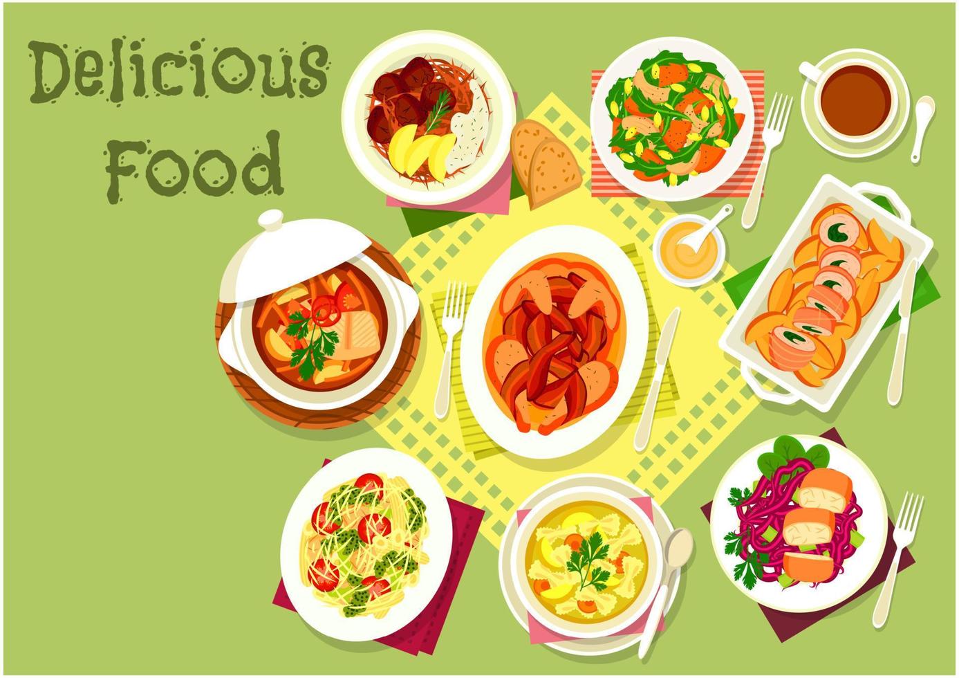 Meat and fish dishes with pasta and veggies icon vector