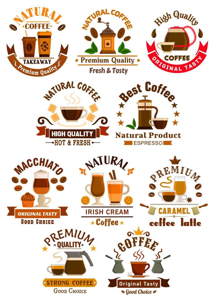 Coffee sorts emblems set for cafe, restuarant vector