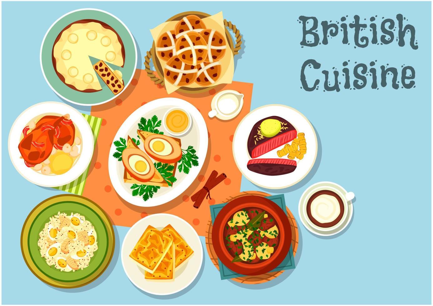 Platos principales de la cocina británica con icono de bocadillos vector