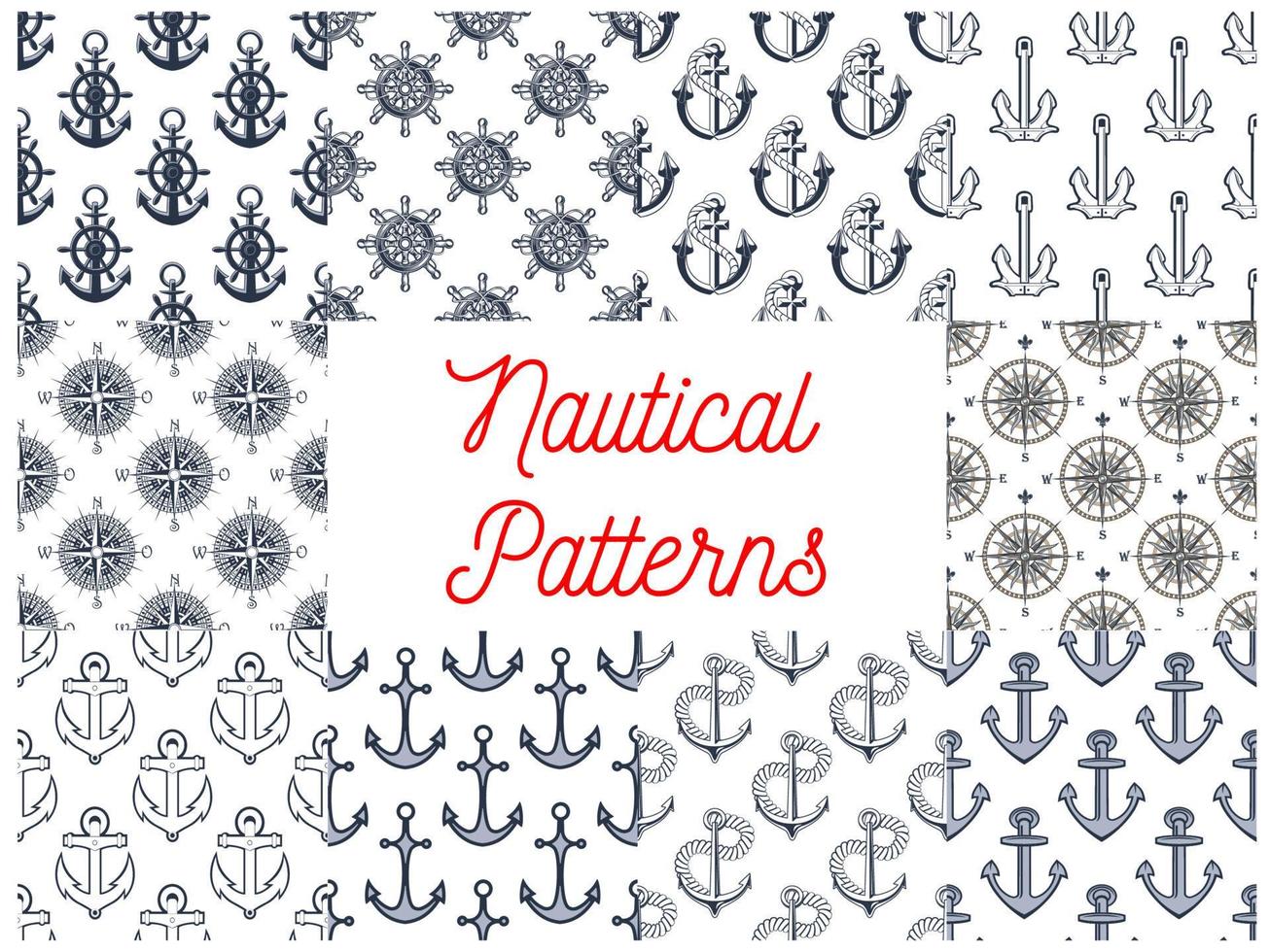 Nautical anchor, helm, compass seamless patterns vector