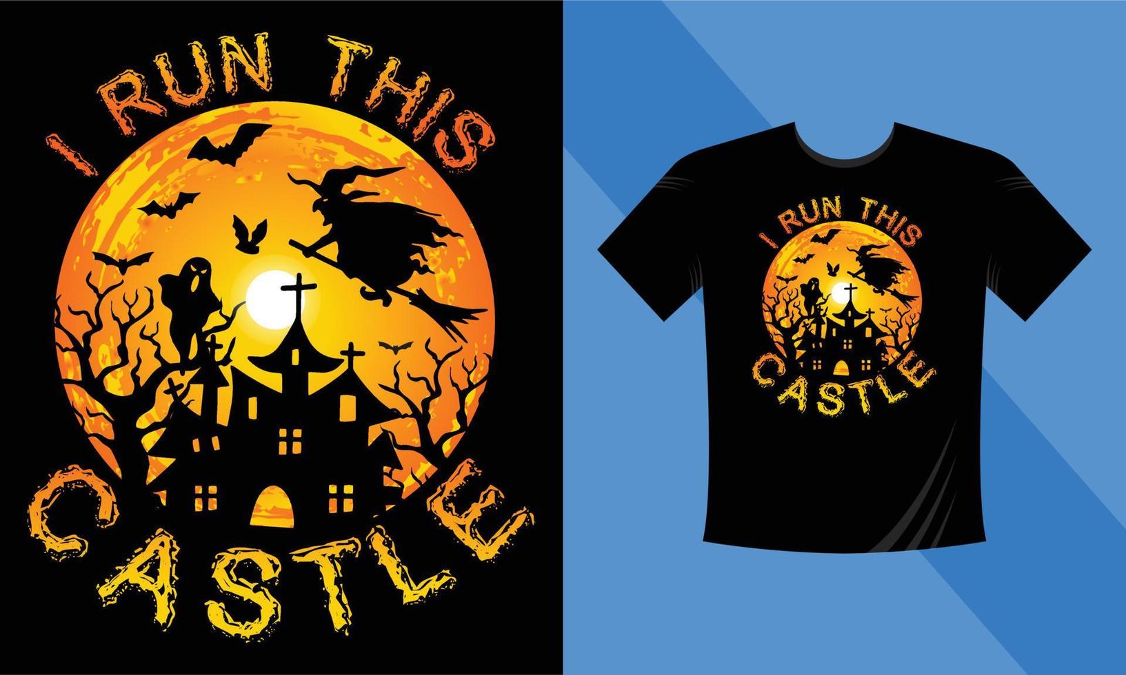 Ejecuto este castillo: la mejor plantilla de diseño de camisetas de Halloween. castillo, noche, luna, bruja, máscara. camiseta de fondo nocturno para imprimir. vector
