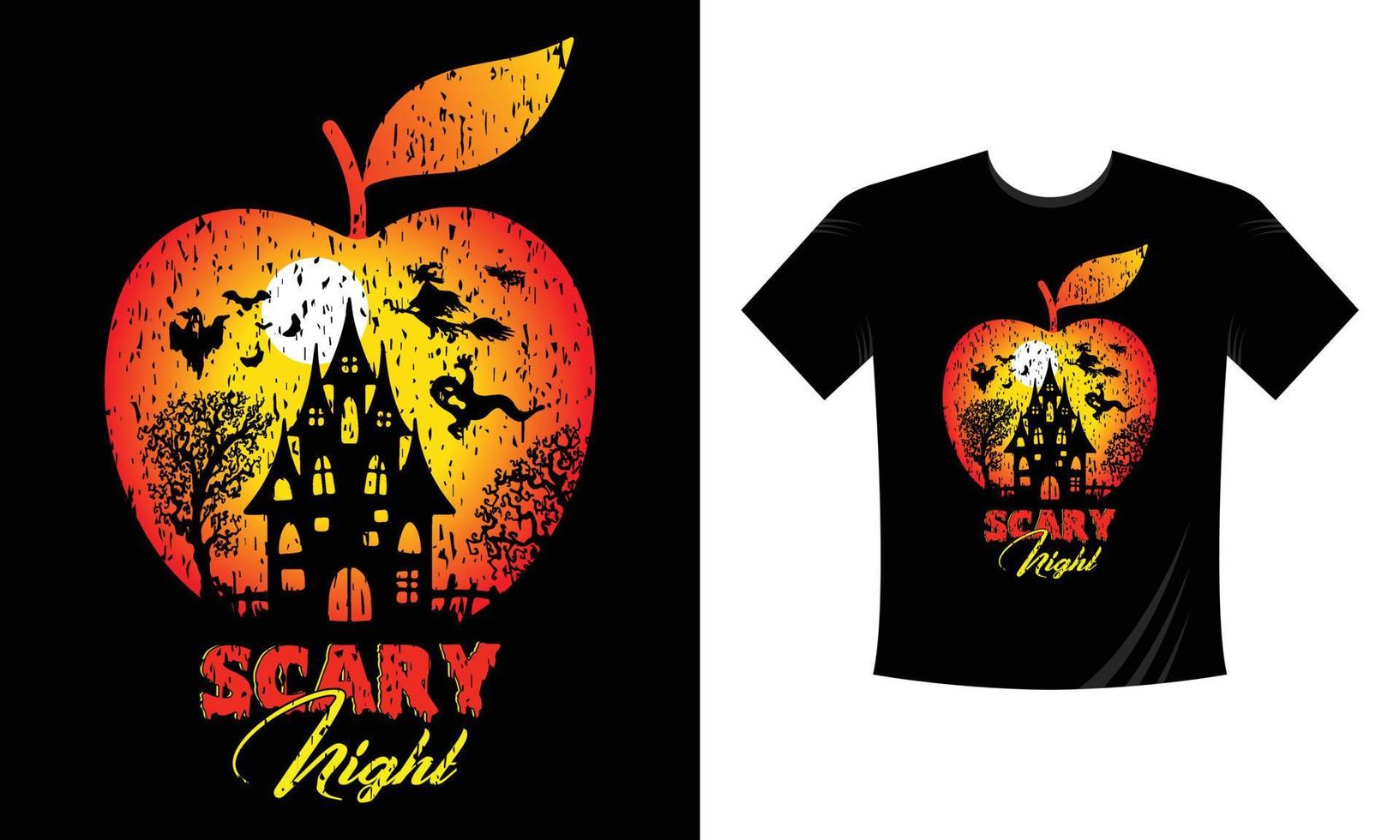 plantilla de diseño de camiseta de halloween de manzana de noche de miedo 2021 2022. plantilla de diseño de camiseta de feliz halloween fácil de imprimir multiusos para hombres, mujeres y niños vector