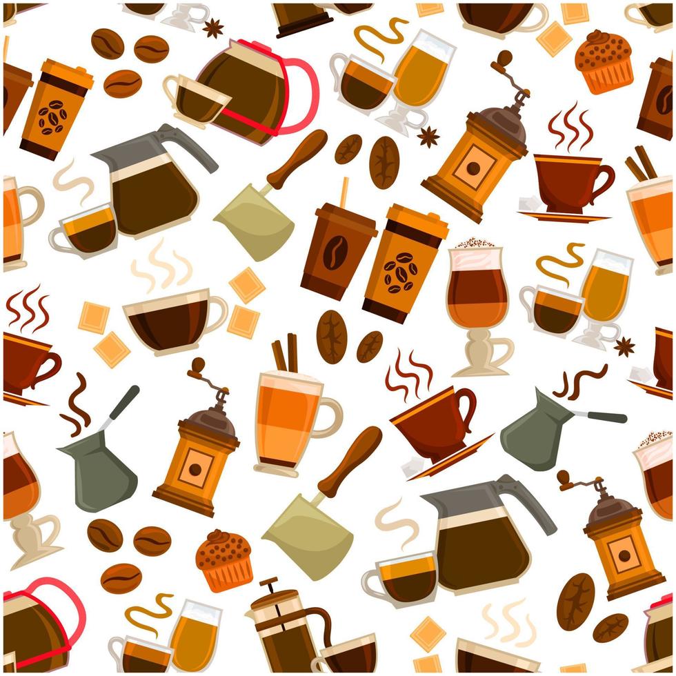 Coffee drinks, desserts vector seamless pattern