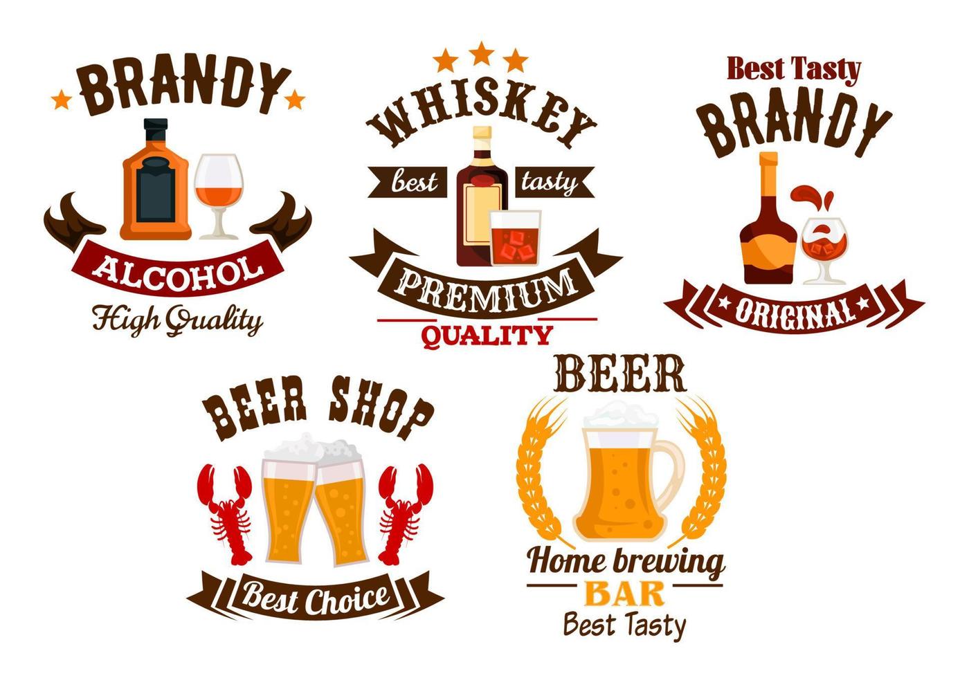 Bar icons set. Beer, whiskey, brandy alcohol icons vector