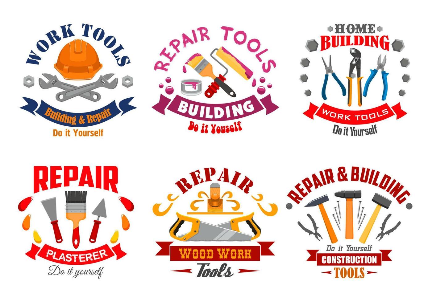 Repair tool and building instrument badge set vector