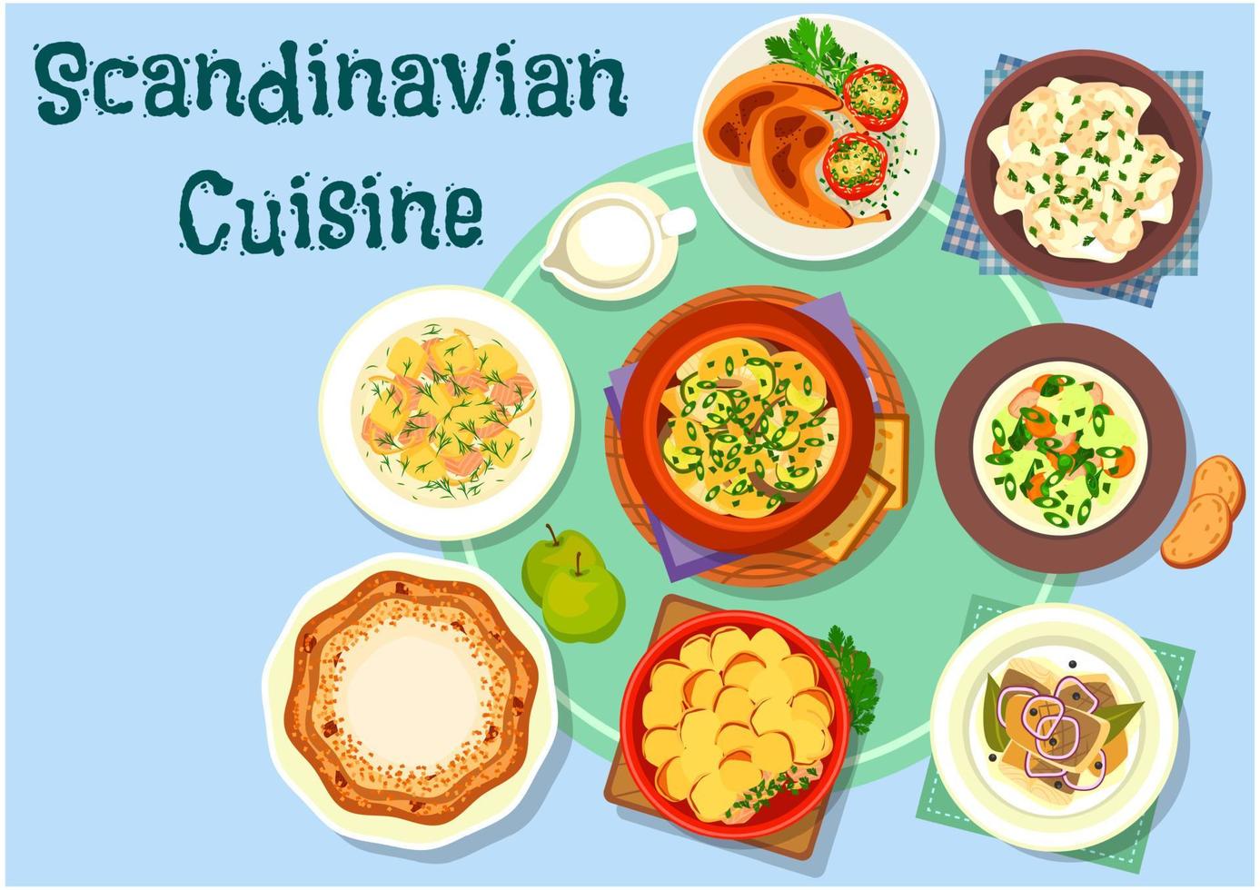 Scandinavian cuisine fish and meat dishes icon vector