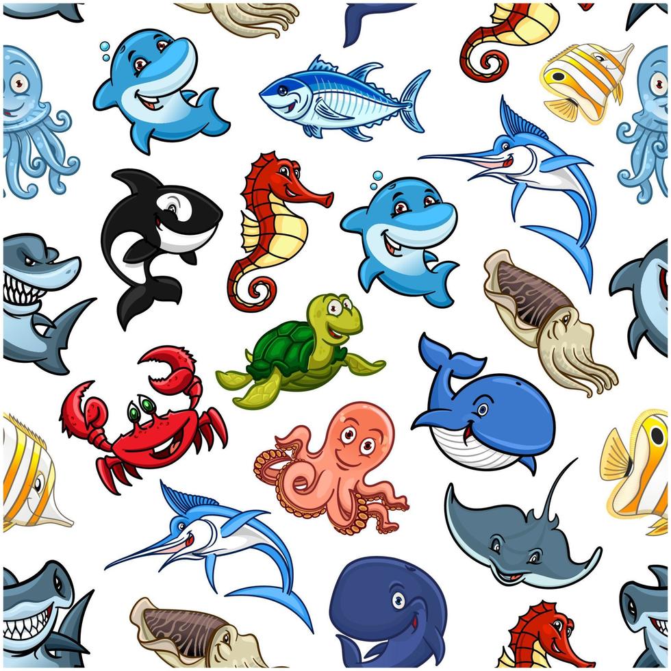 Cartoon sea animals, ocean fish seamless pattern vector