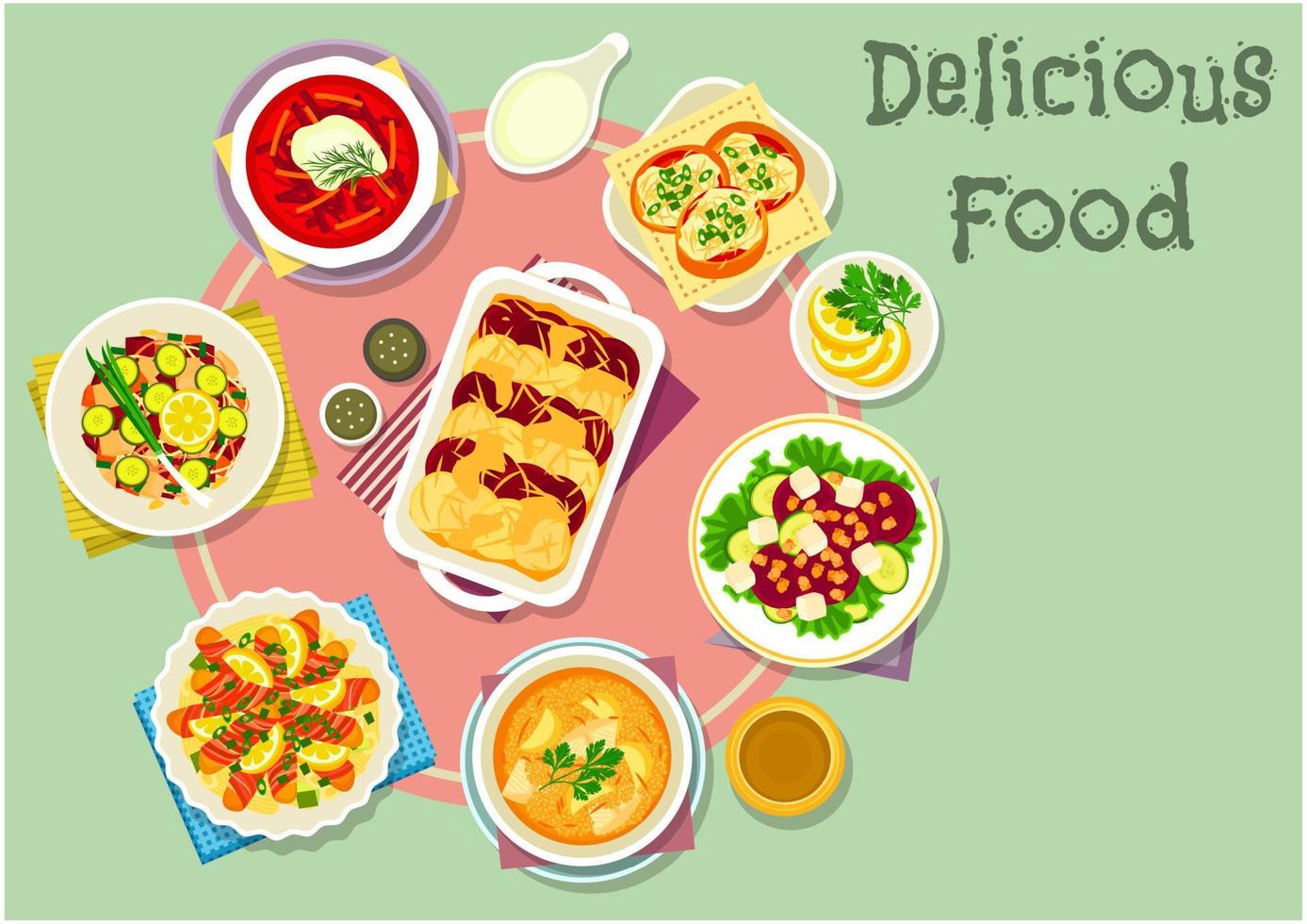 Fish and vegetable dishes for lunch icon vector