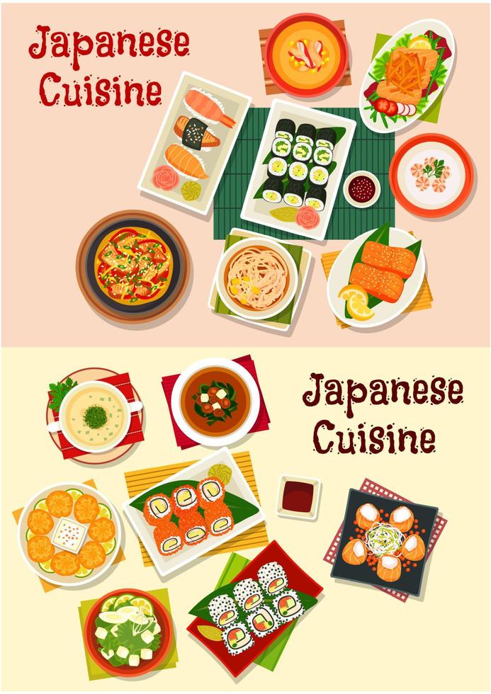 Japanese cuisine seafood sushi icon set vector