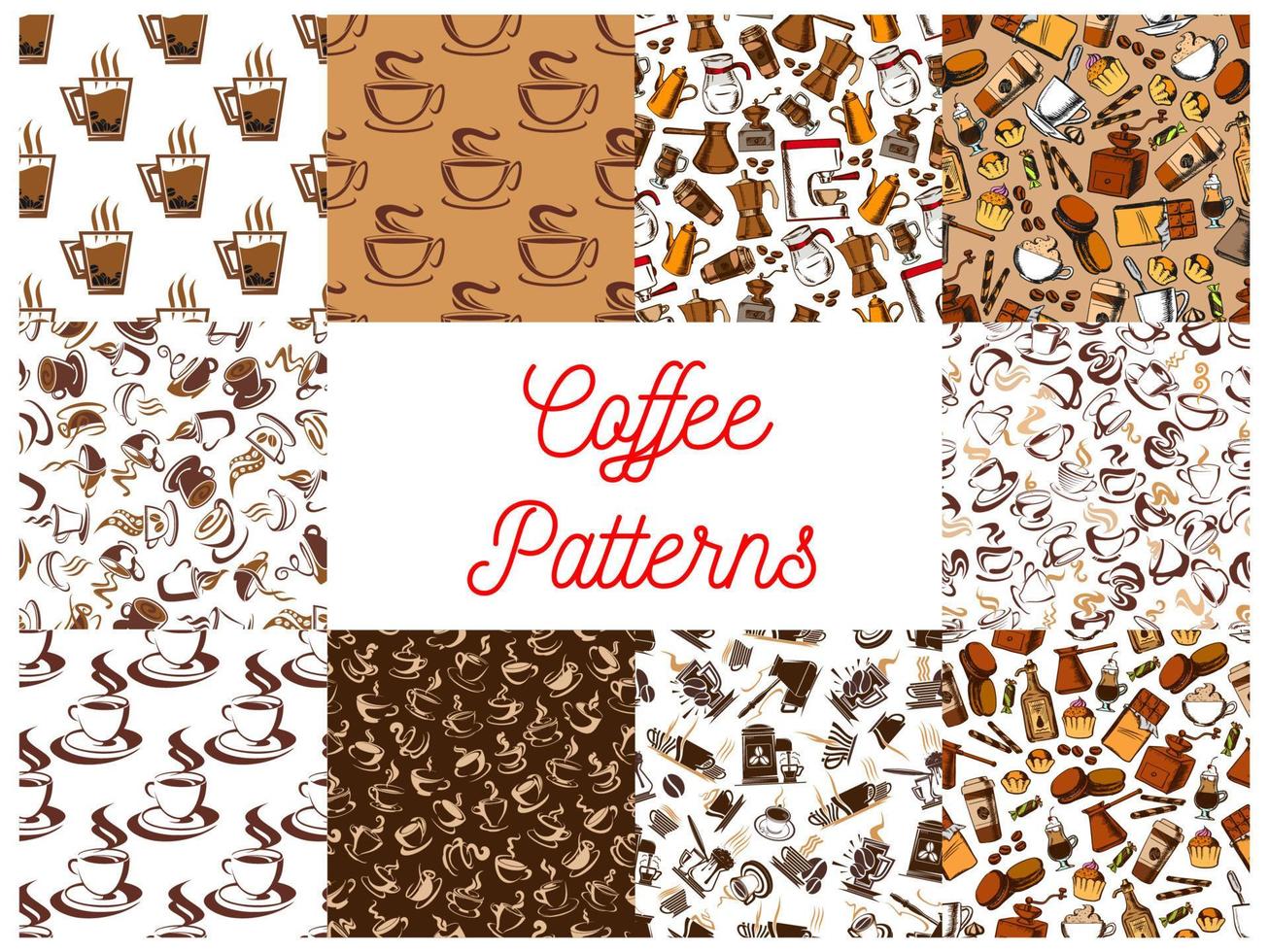 Coffee drink with dessert seamless patterns set vector