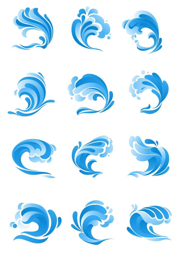 Waves, water splashes vector isolated icons