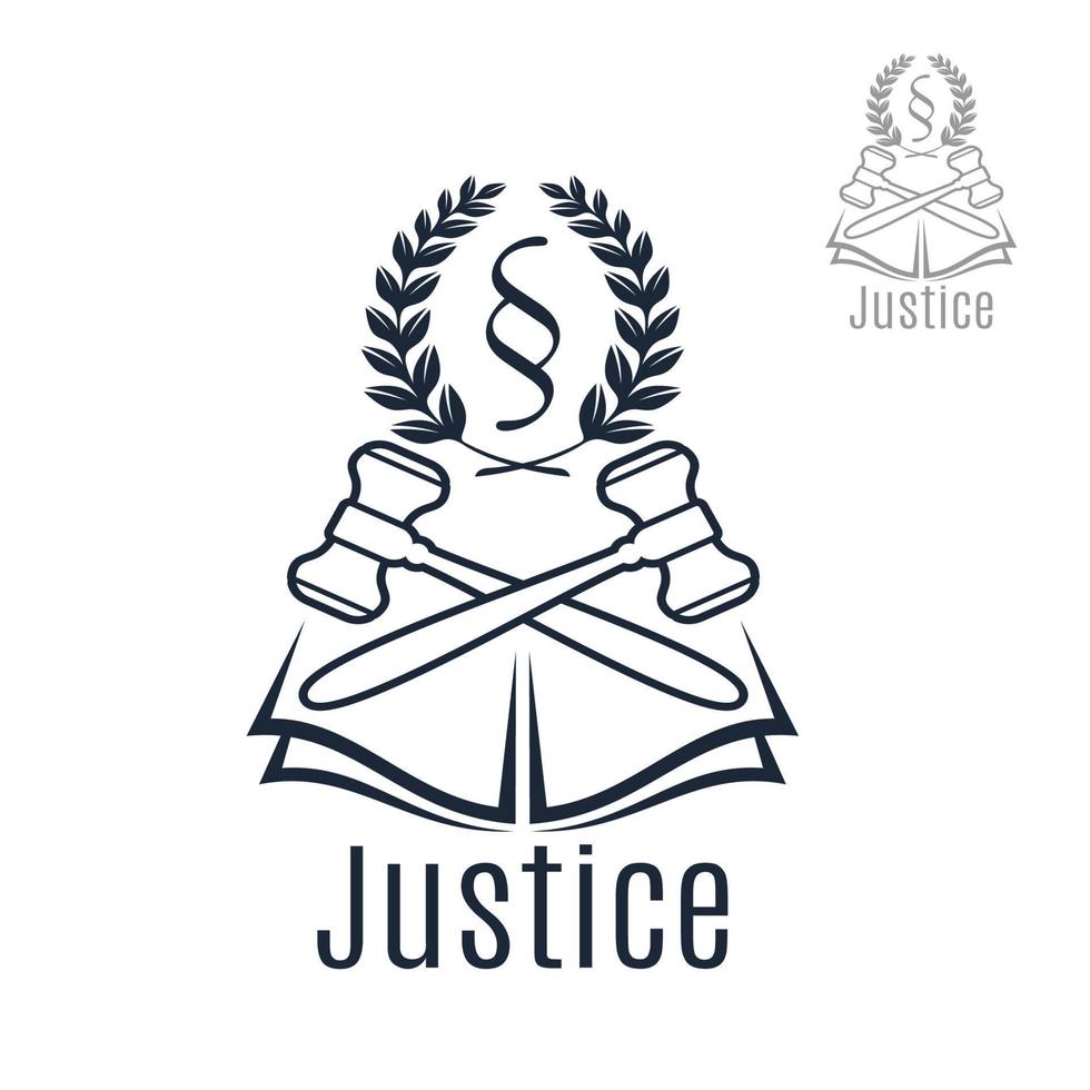 Justice legal vector emblem of gavel, wreath, book