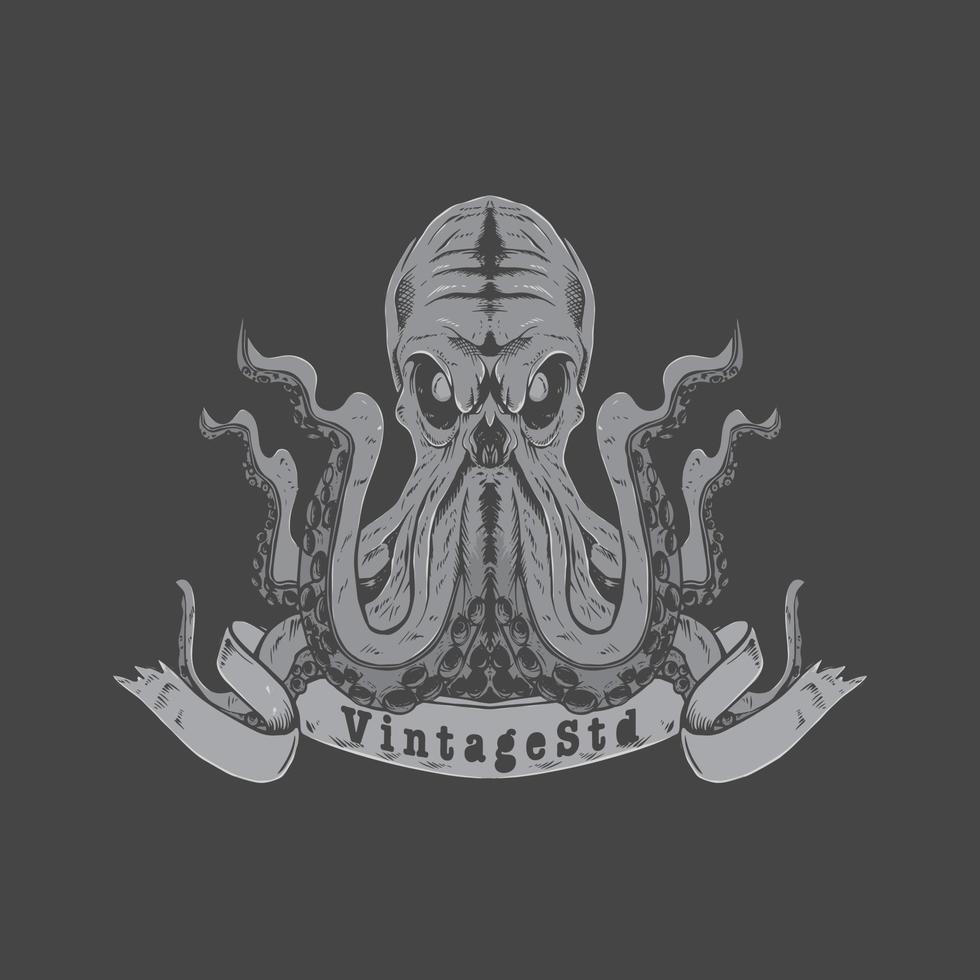octopus logo illustration in realistic hand drawn style vector