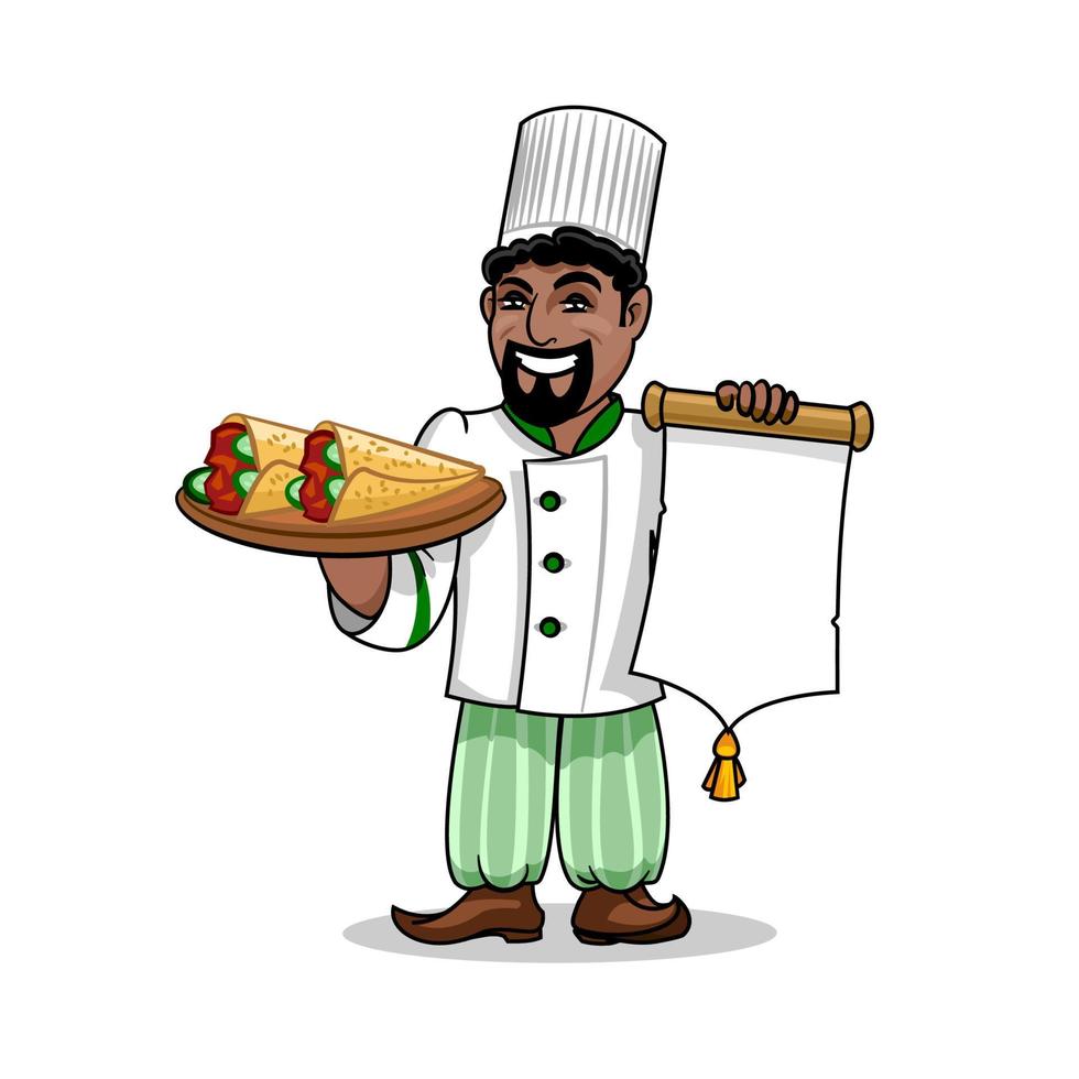 chef de restaurante árabe con menú y kebab de pita vector