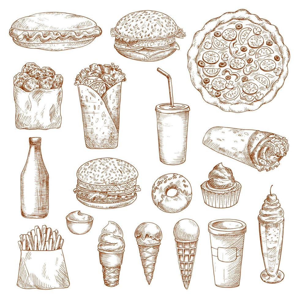 iconos de vector de boceto de comida rápida