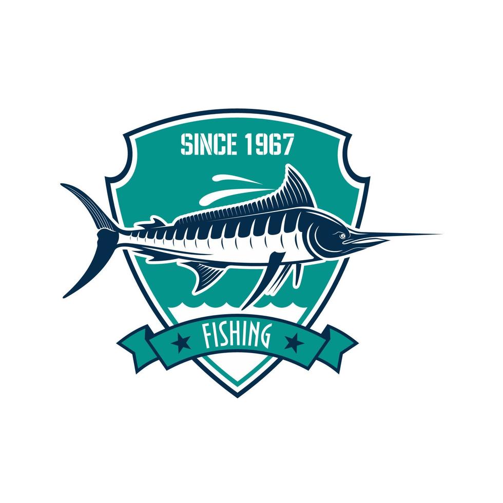 insignia heráldica del deporte de pesca con pez marlin azul vector