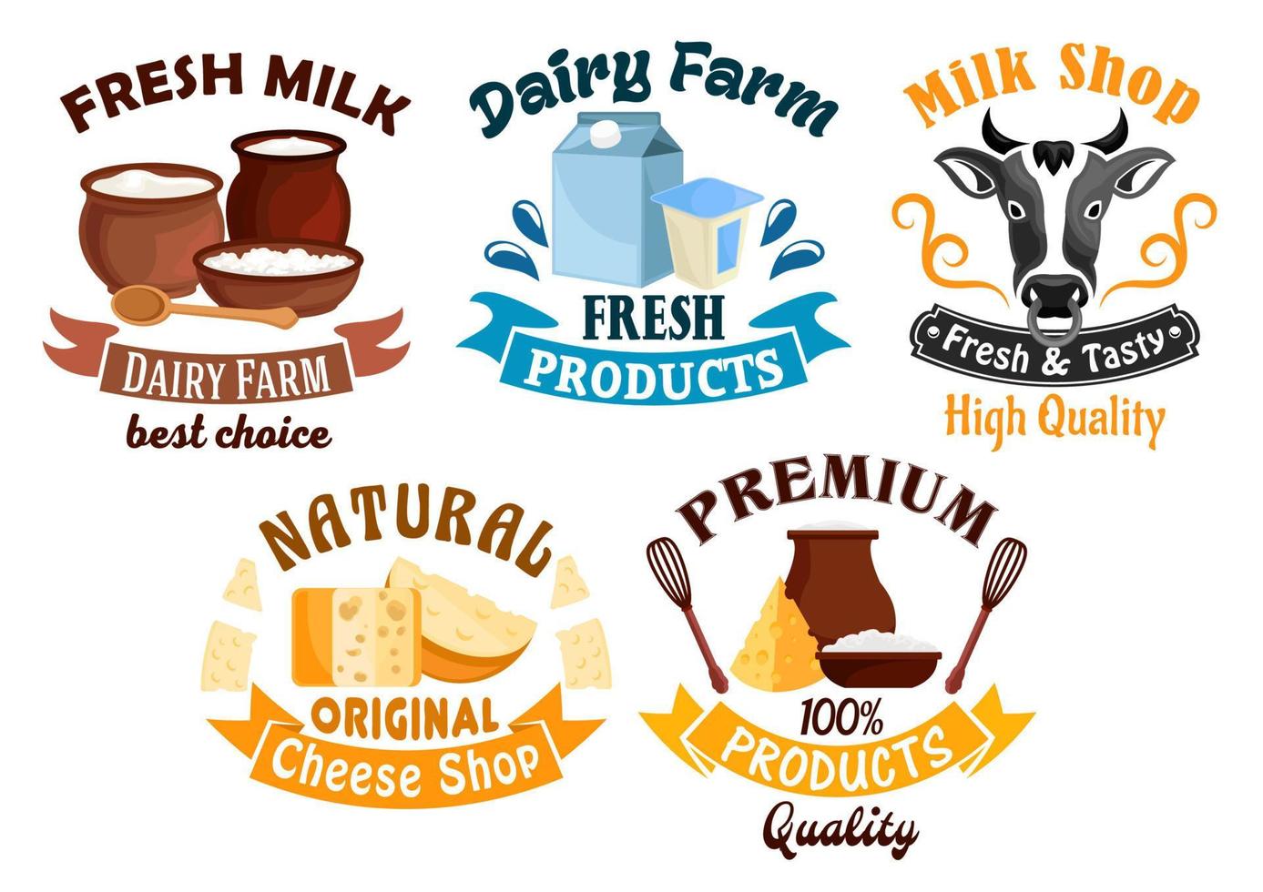 Milk and cheese shop, dairy farm cartoon badge set vector