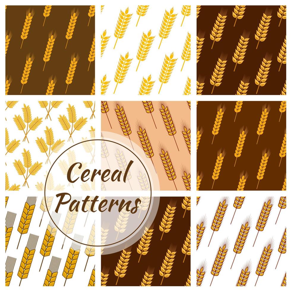 Wheat cereal grain, rye ears seamless patterns set vector