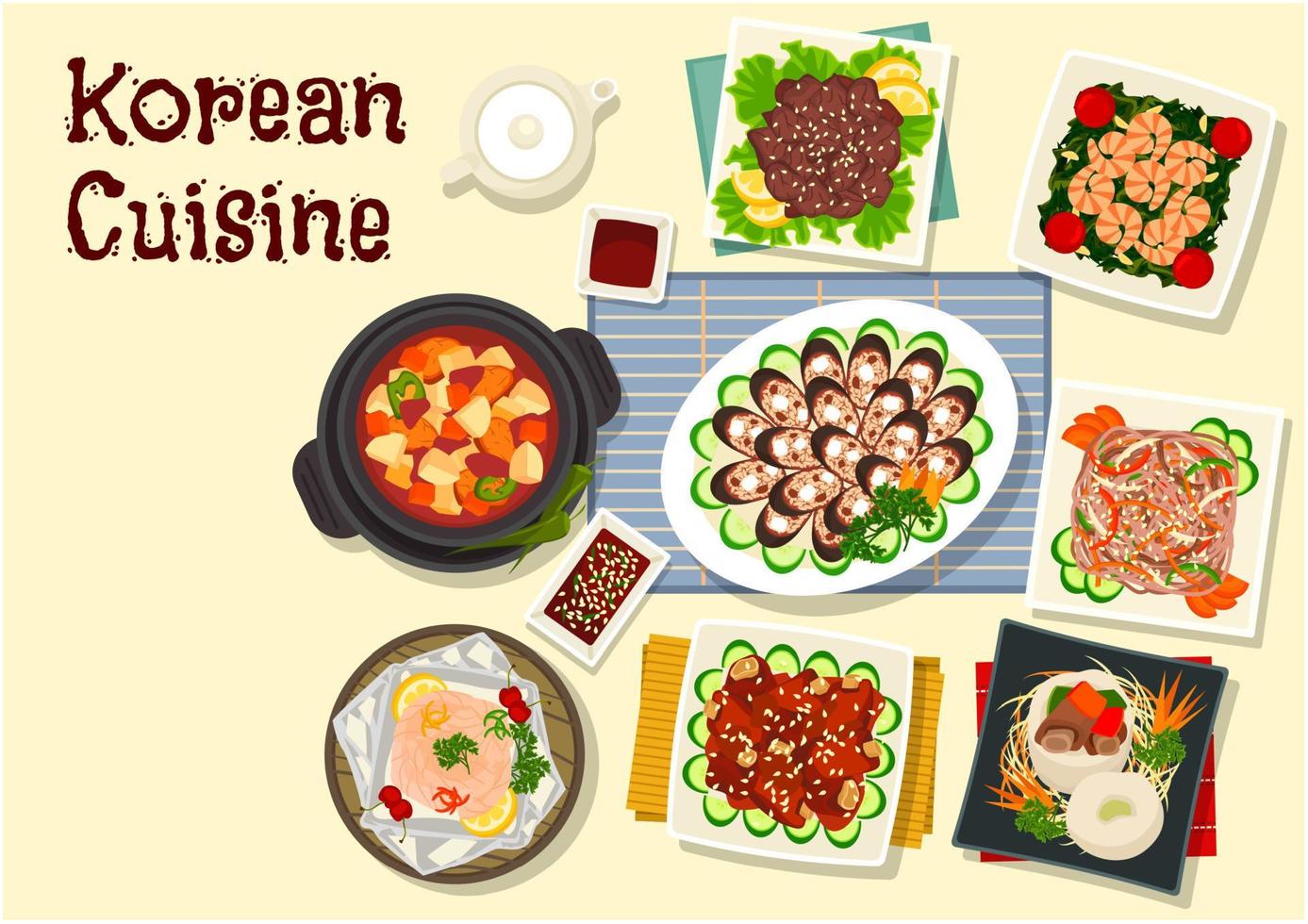 Korean cuisine traditional bbq dishes icon vector