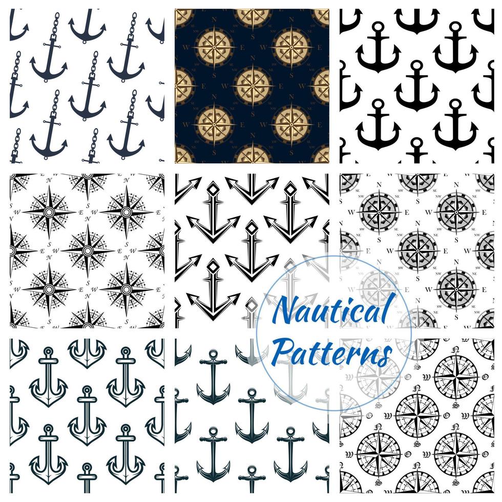 Nautical heraldic navy seamless patterns set vector