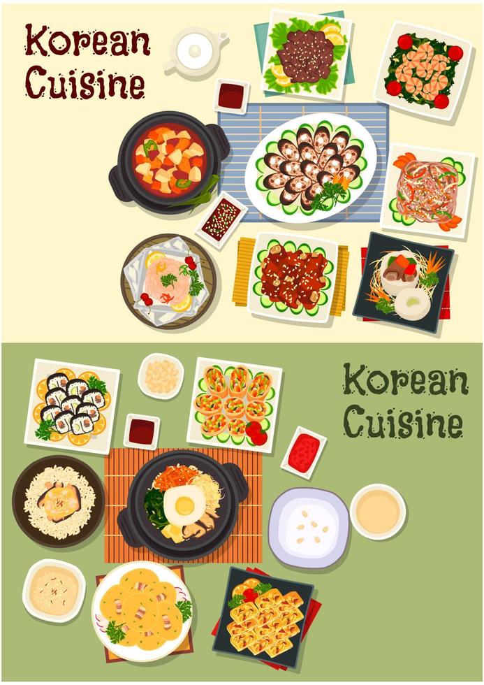 Korean cuisine traditional lunch icon set vector