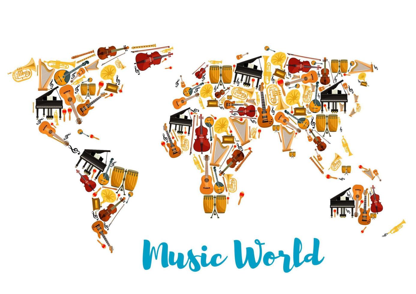 instrumentos musicales formando mapa del mundo vector