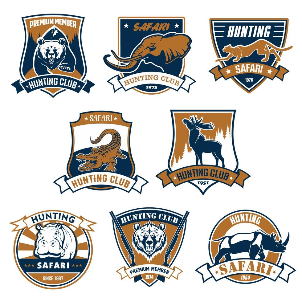 Iconos vectoriales del club deportivo de caza, conjunto de emblemas vector