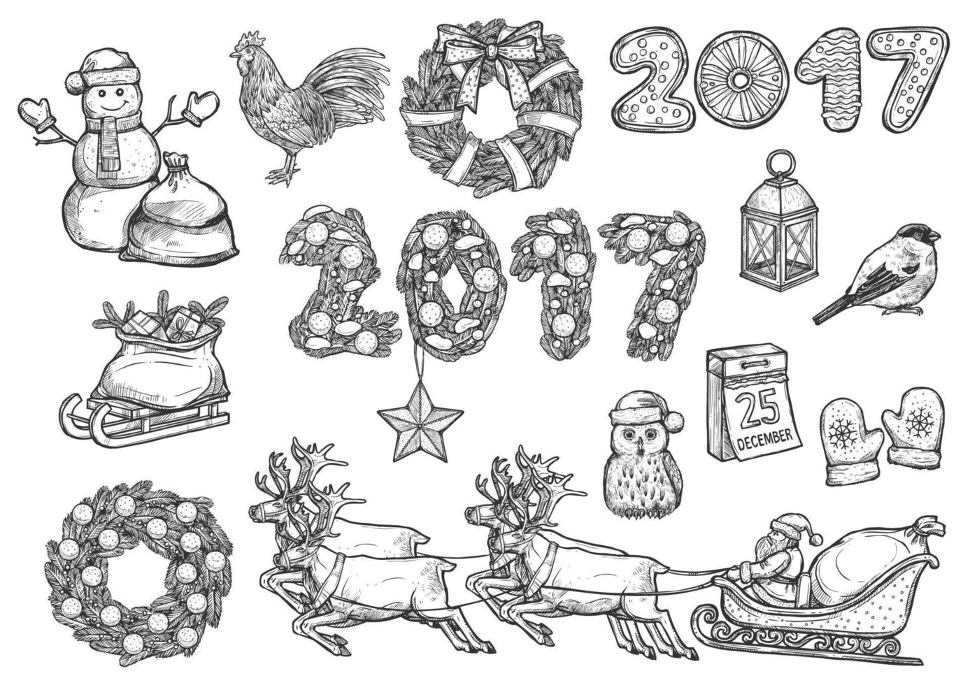 Vector sketch symbols for 2017 Christmas, New Year