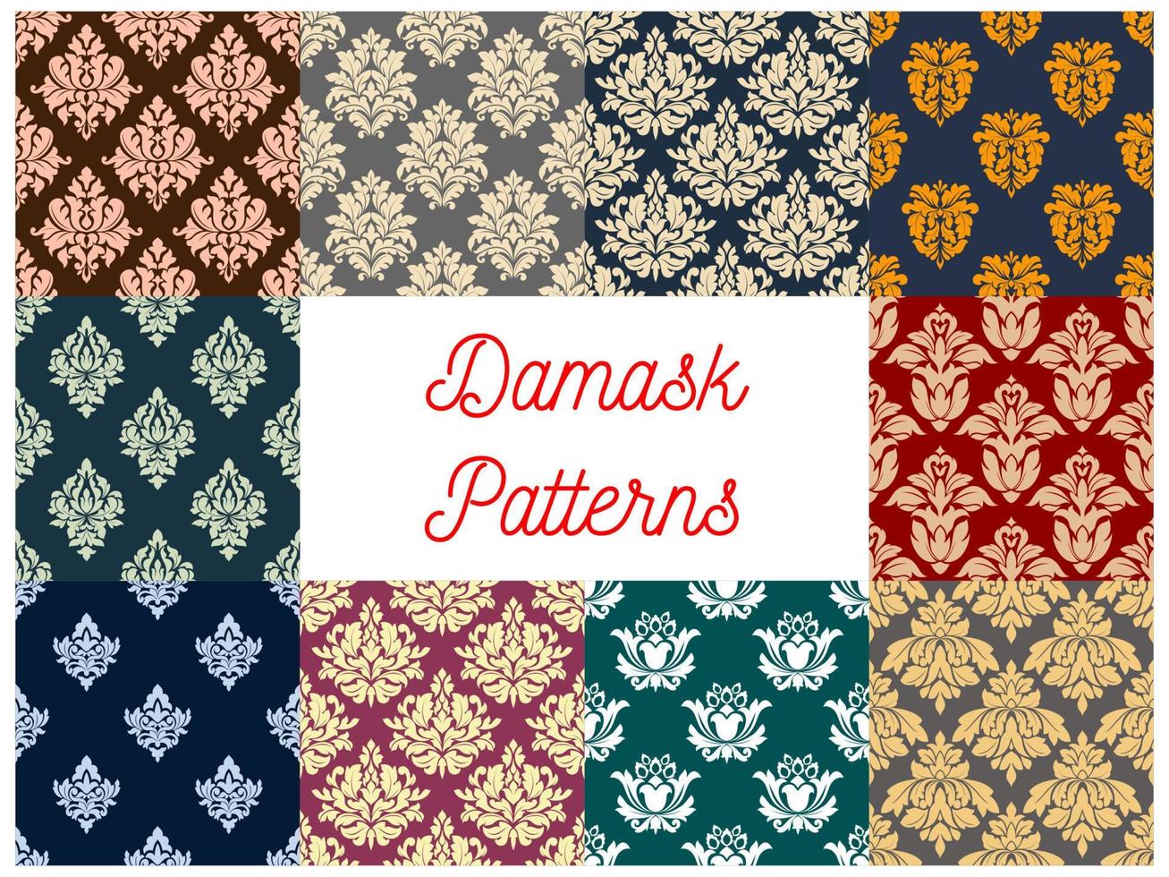 Floral damask seamless pattern background set vector