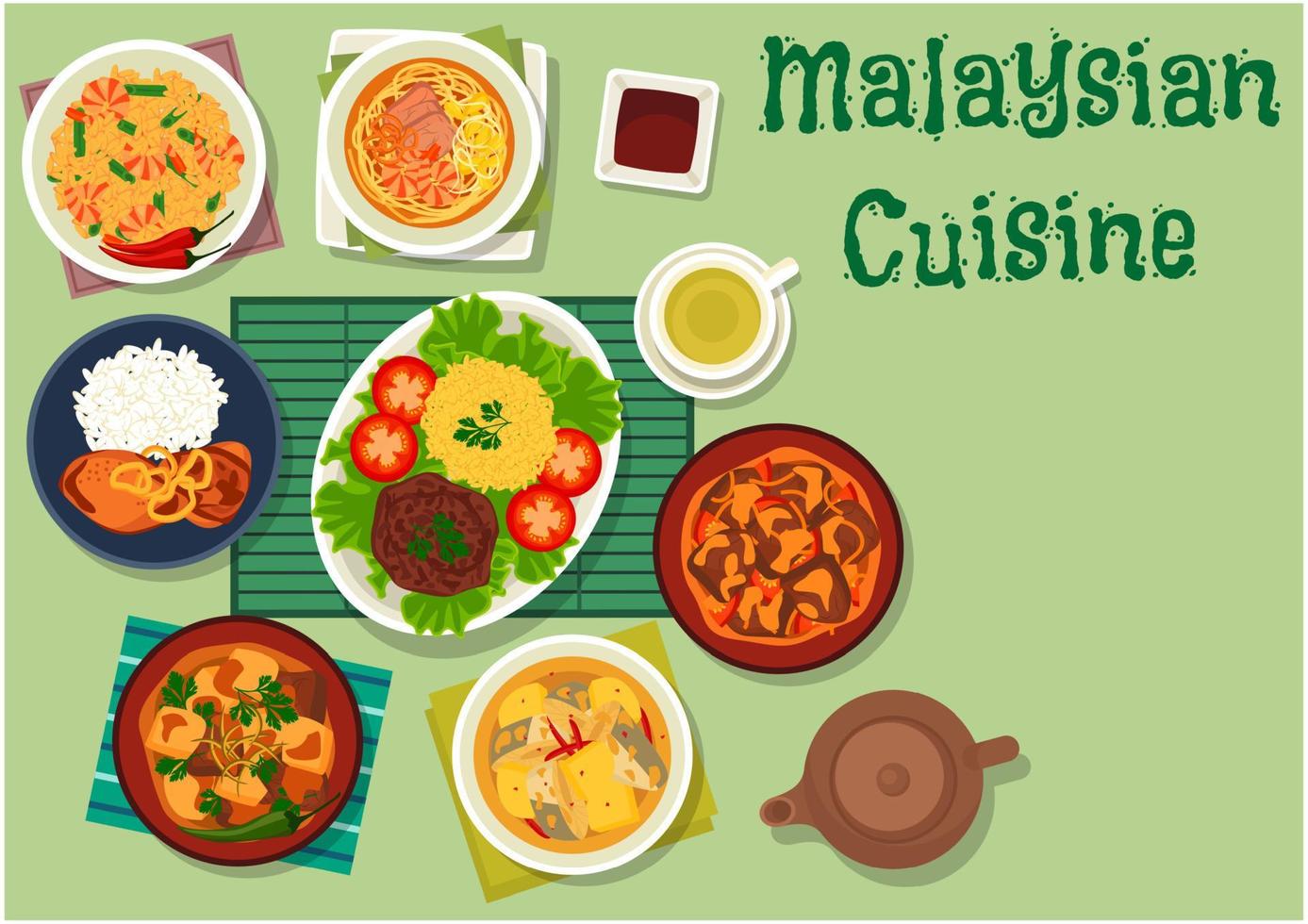 Malaysian cuisine icon with meat, seafood dishes vector