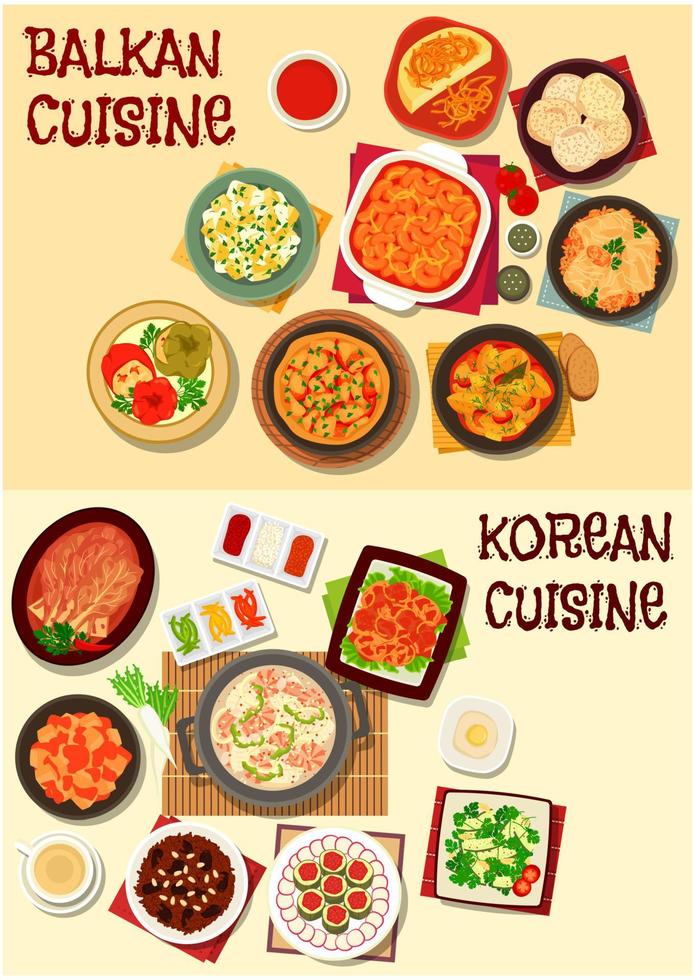 conjunto de iconos de cena de cocina coreana y balcánica vector