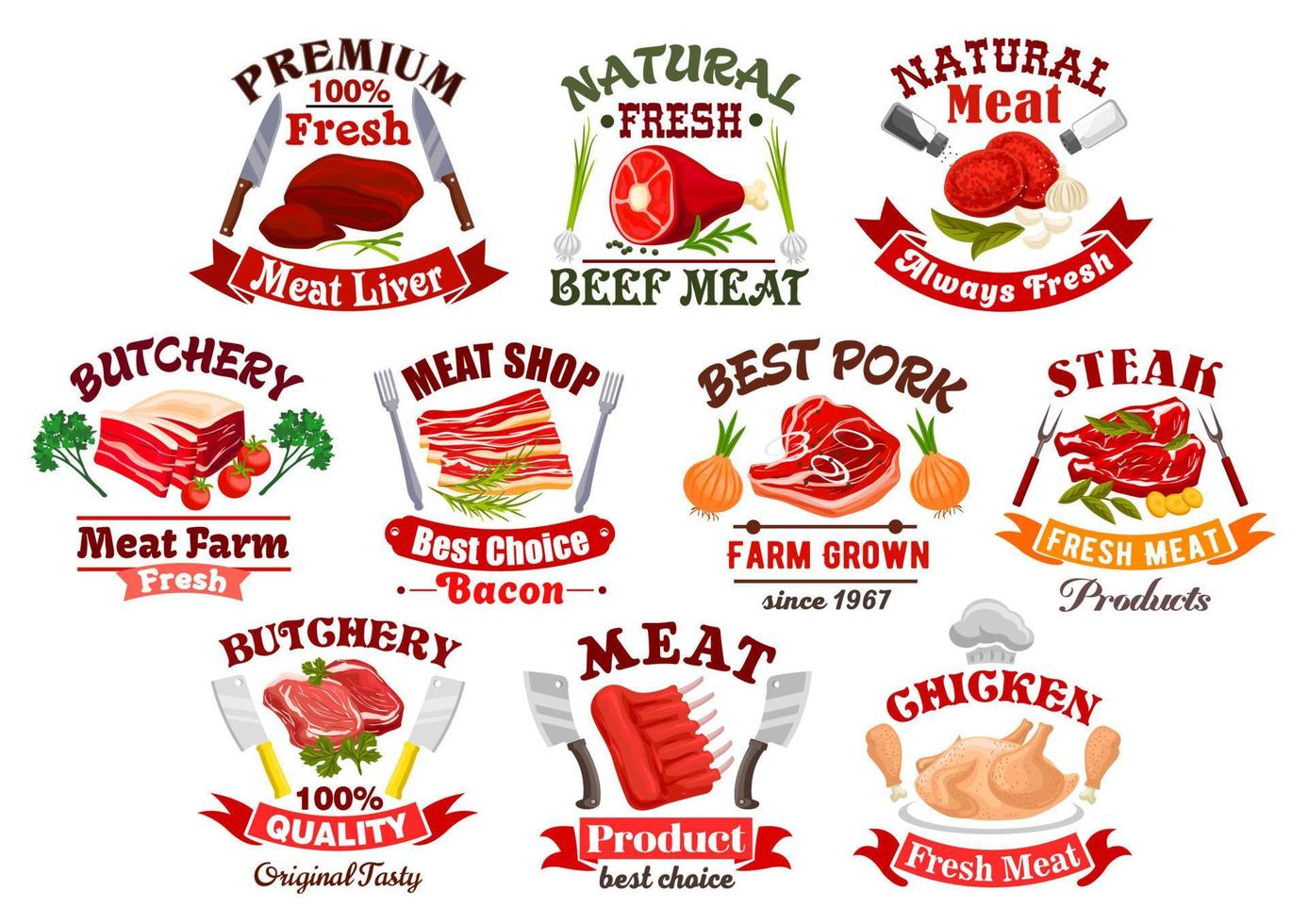 Pork meat and steak, bacon and chicken icons vector