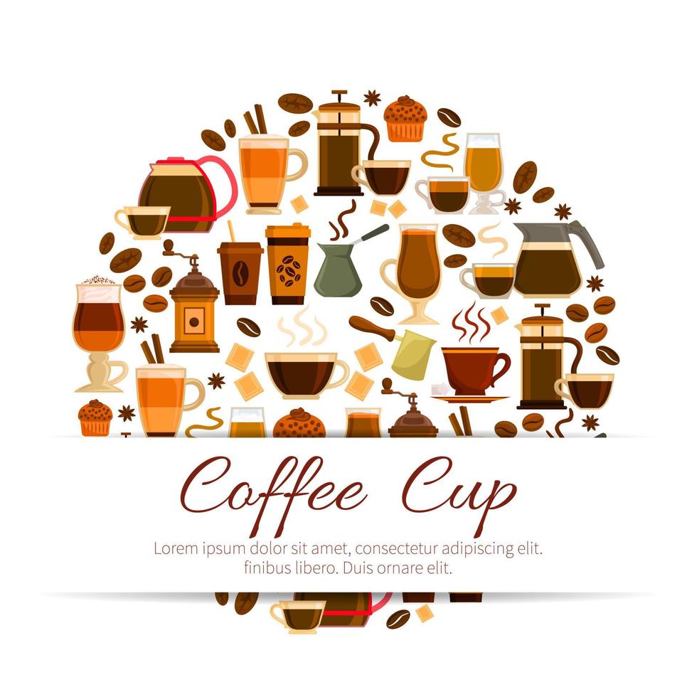 Coffee poster of espresso, latte hot drinks cups vector