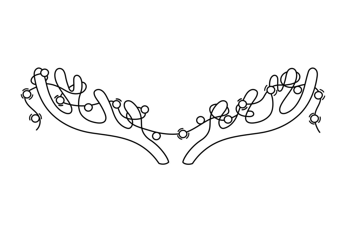 Ilustración de vector de contorno de astas y guirnaldas. cuernos de garabatos aislados de ciervos y luces. dibujo de elemento de diseño de navidad negro sobre fondo blanco