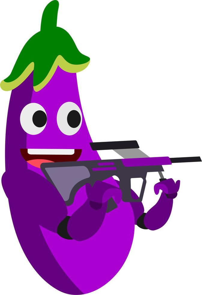 eggplant fruit vegetables wars with weapon rifle gun serial illustration vector graphics cartoon good for mascot, kids coloring book and design product