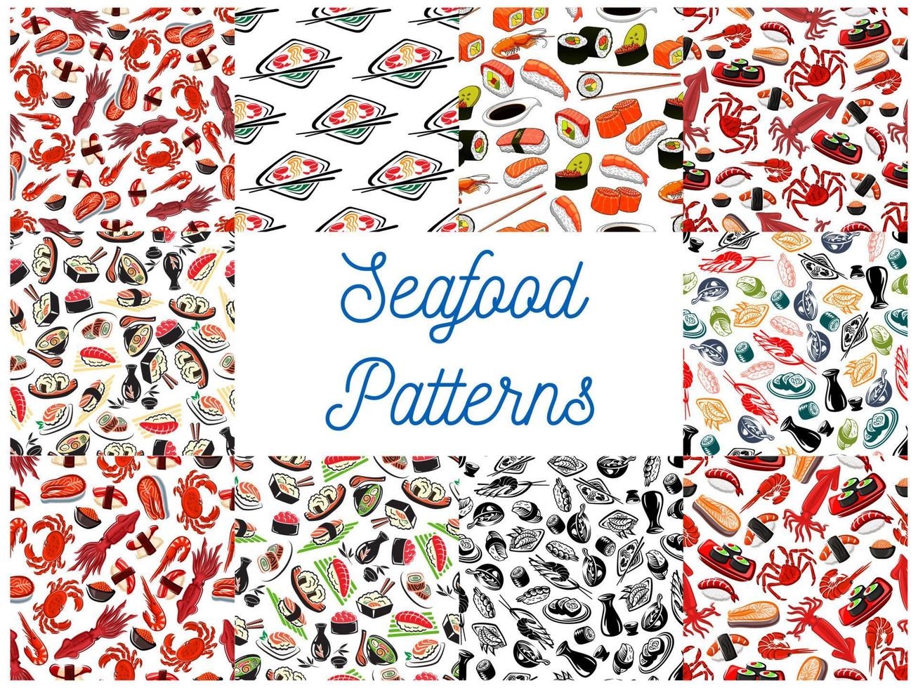 Seafood cuisine seamless patterns vector
