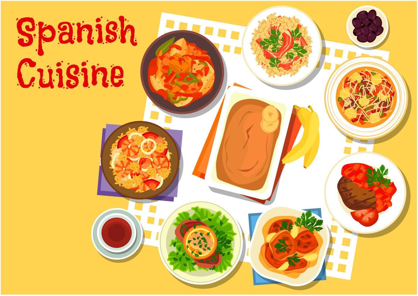 Spanish seafood and meat dishes icon vector