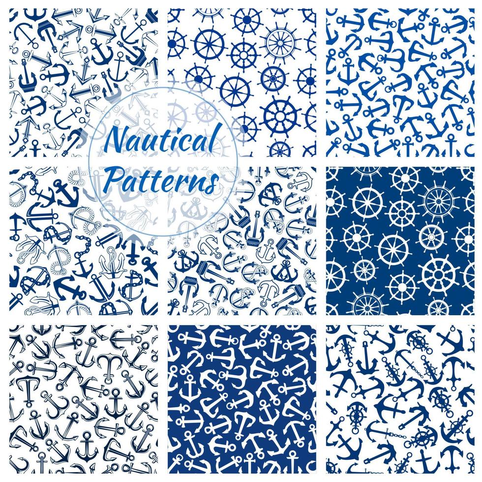 Nautical helm and anchor seamless pattern set vector