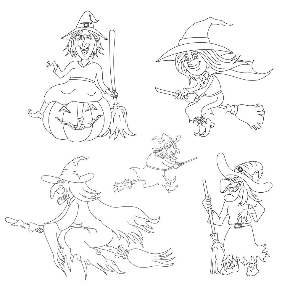 Halloween Flying Witch Line Art Illustration For Coloring Page vector