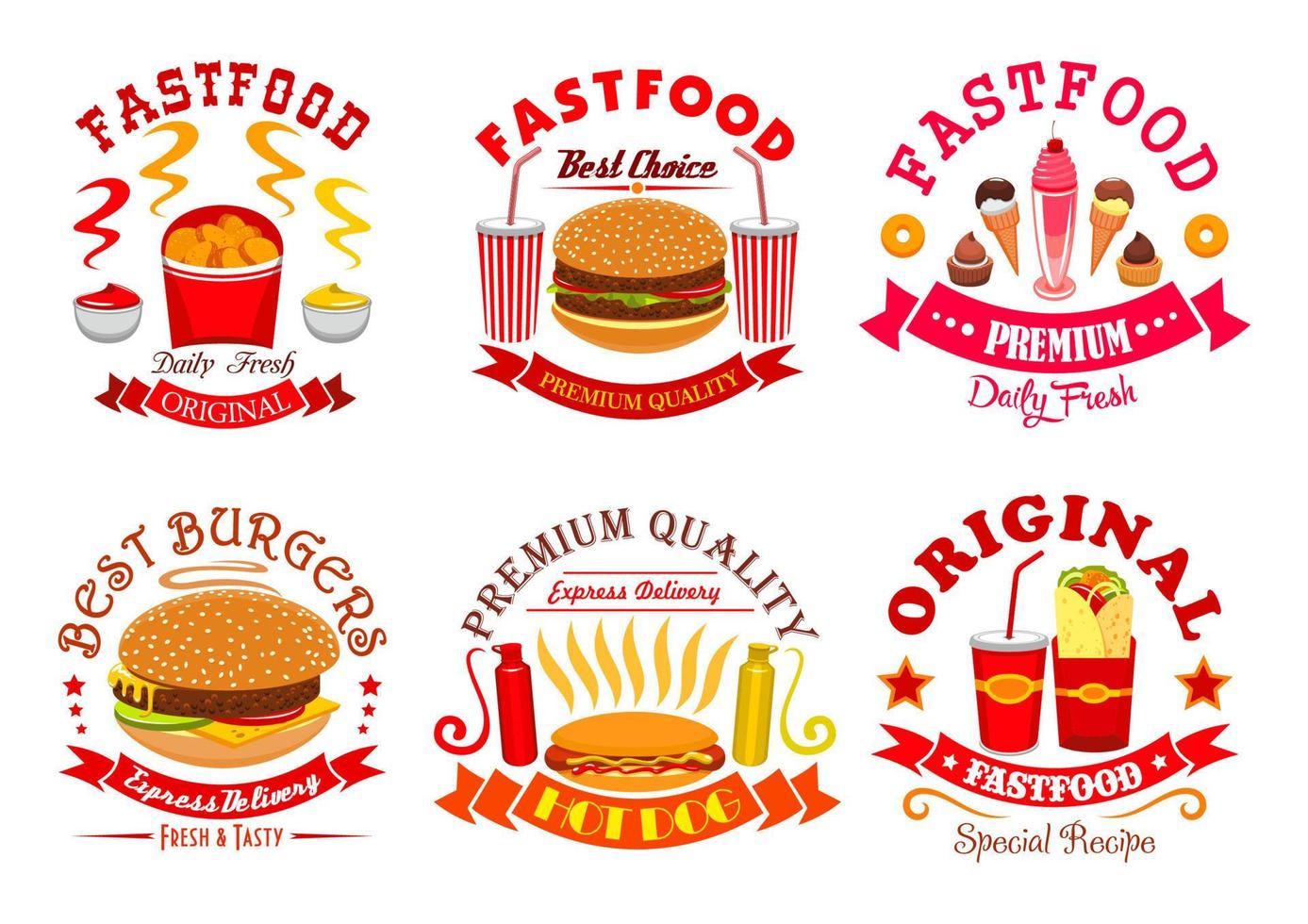 Fast food snack, dessert menu signs, icons set vector