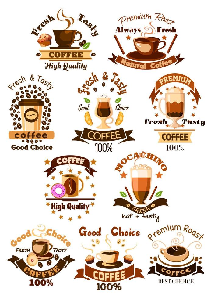 Coffee cafe, cafeteria vector emblems set