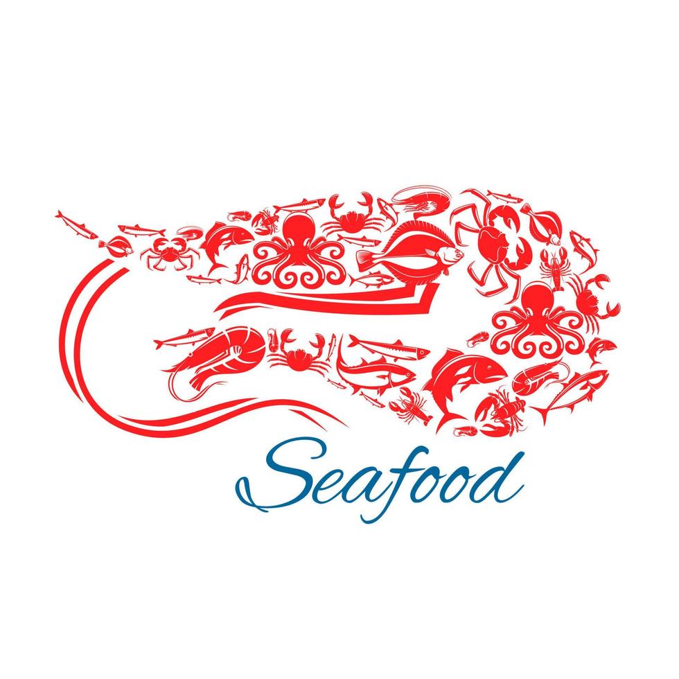 Seafood poster or symbol in shape of shrimp vector