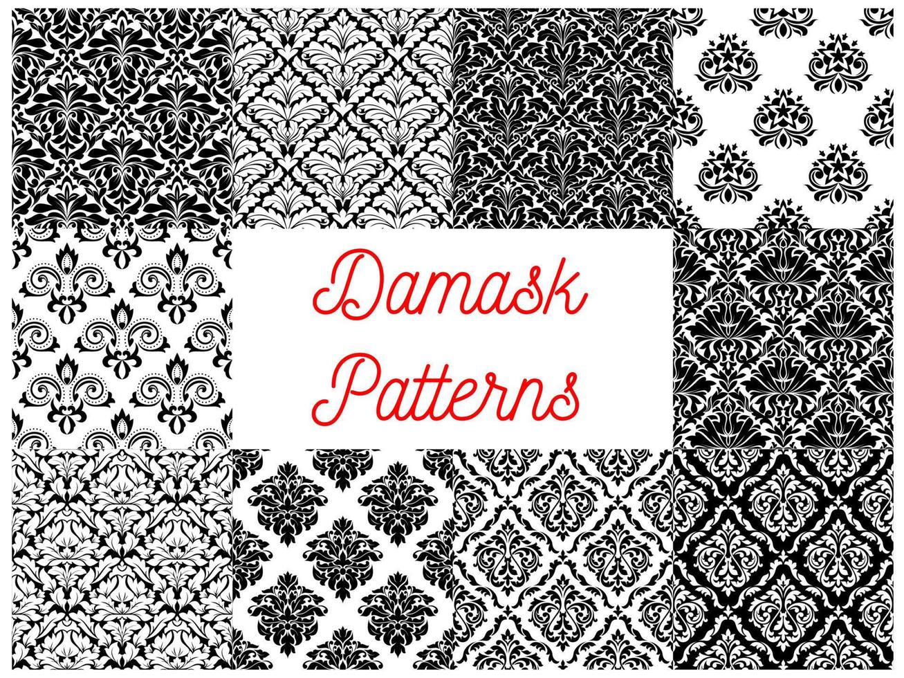 conjunto de patrones florales de damasco blanco y negro vector