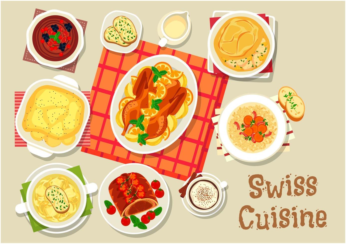 Swiss cuisine dinner with chocolate dessert icon vector