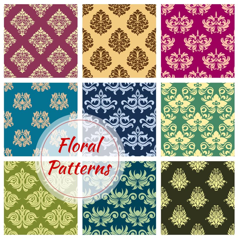 Floral damask ornament vector seamless patterns