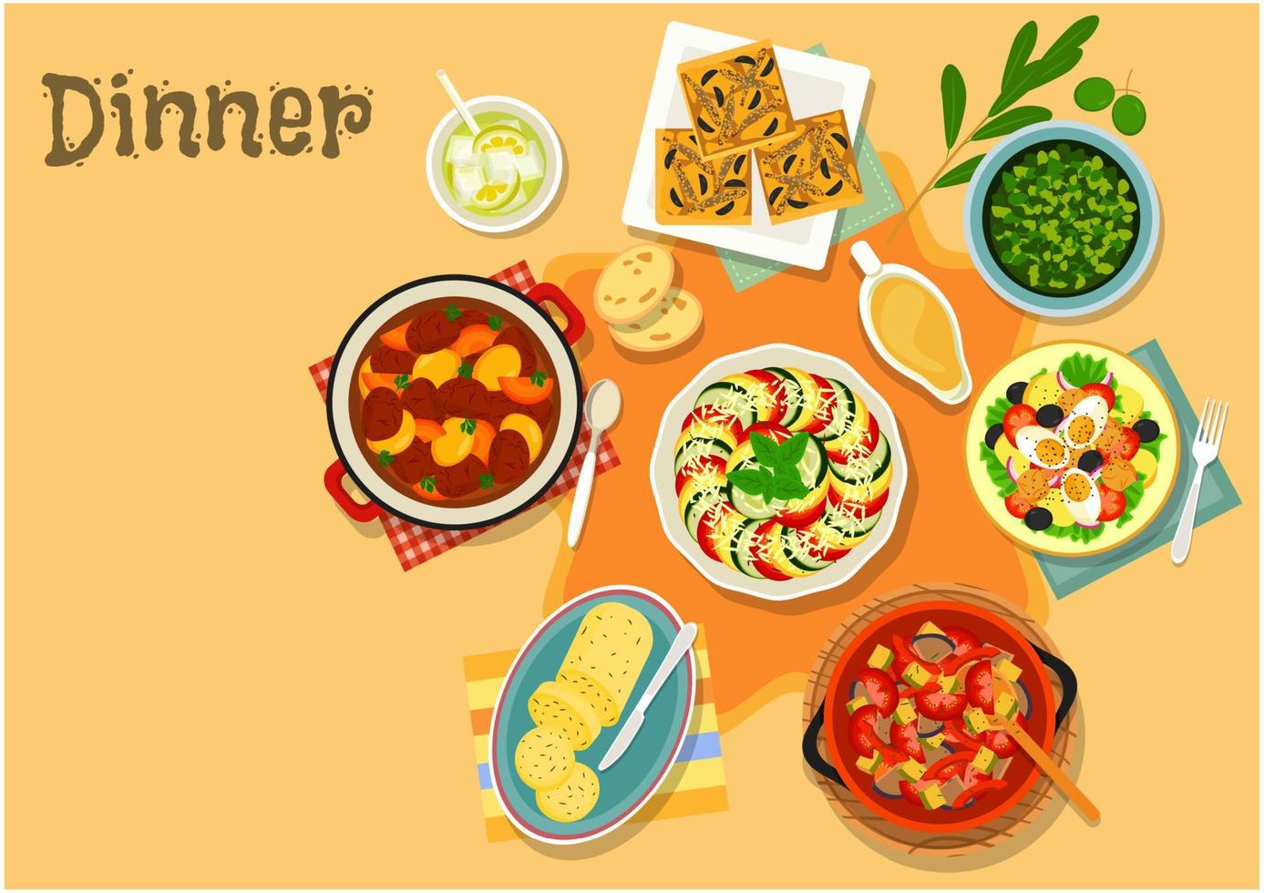 French cuisine vegetable and meat dishes icon vector