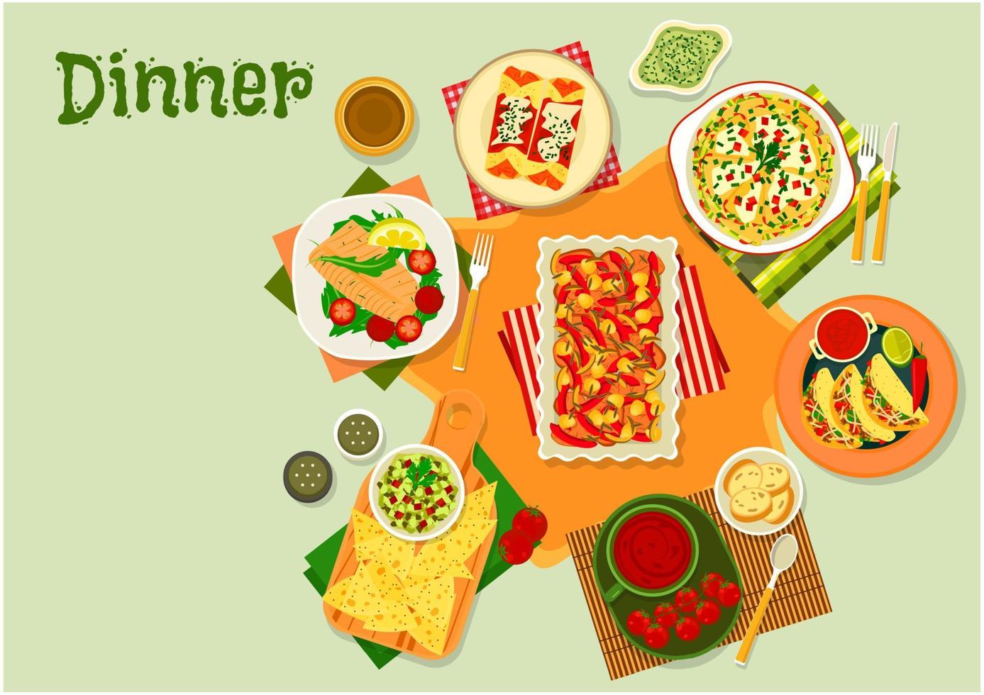 icono de platos de cena de cocina mexicana para el diseño del menú vector
