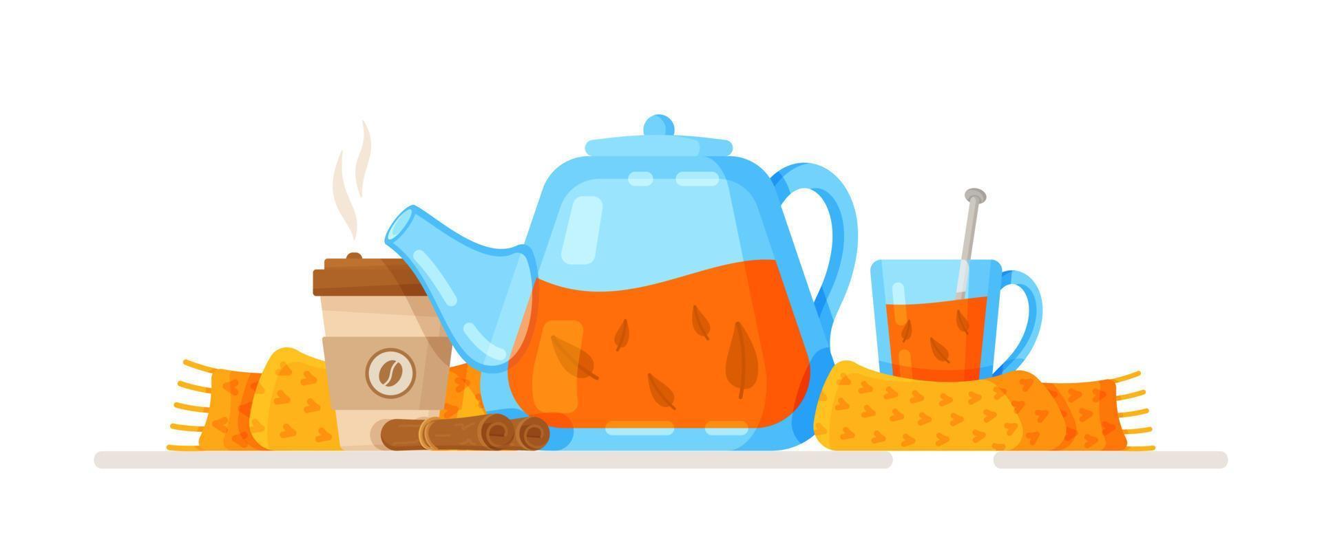ilustración vectorial de una taza de café con leche de calabaza. bebida caliente de otoño en una taza transparente con hojas coloridas detrás. vector